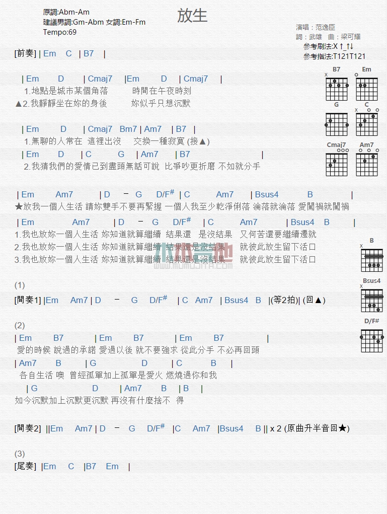 范逸臣《放生》吉他谱-Guitar Music Score