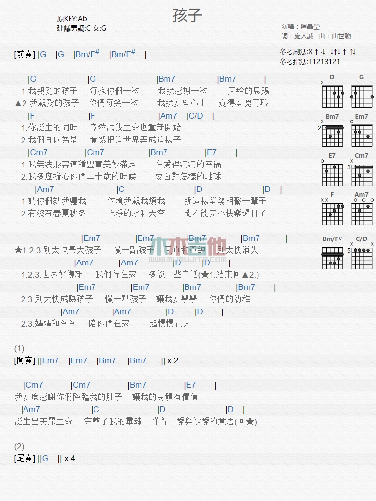 陶晶莹《孩子》吉他谱-Guitar Music Score