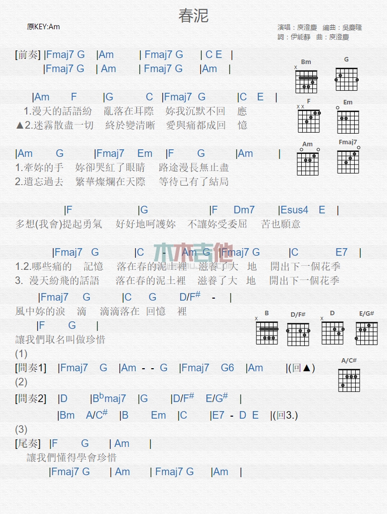 庾澄庆《春泥》吉他谱-Guitar Music Score