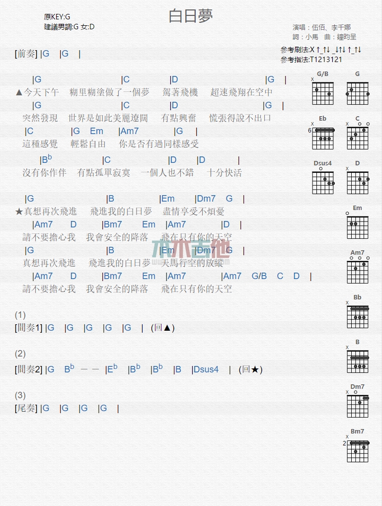 伍佰,李千娜《白日梦》吉他谱-Guitar Music Score