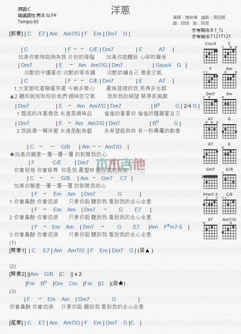 杨宗纬《洋葱》吉他谱-Guitar Music Score