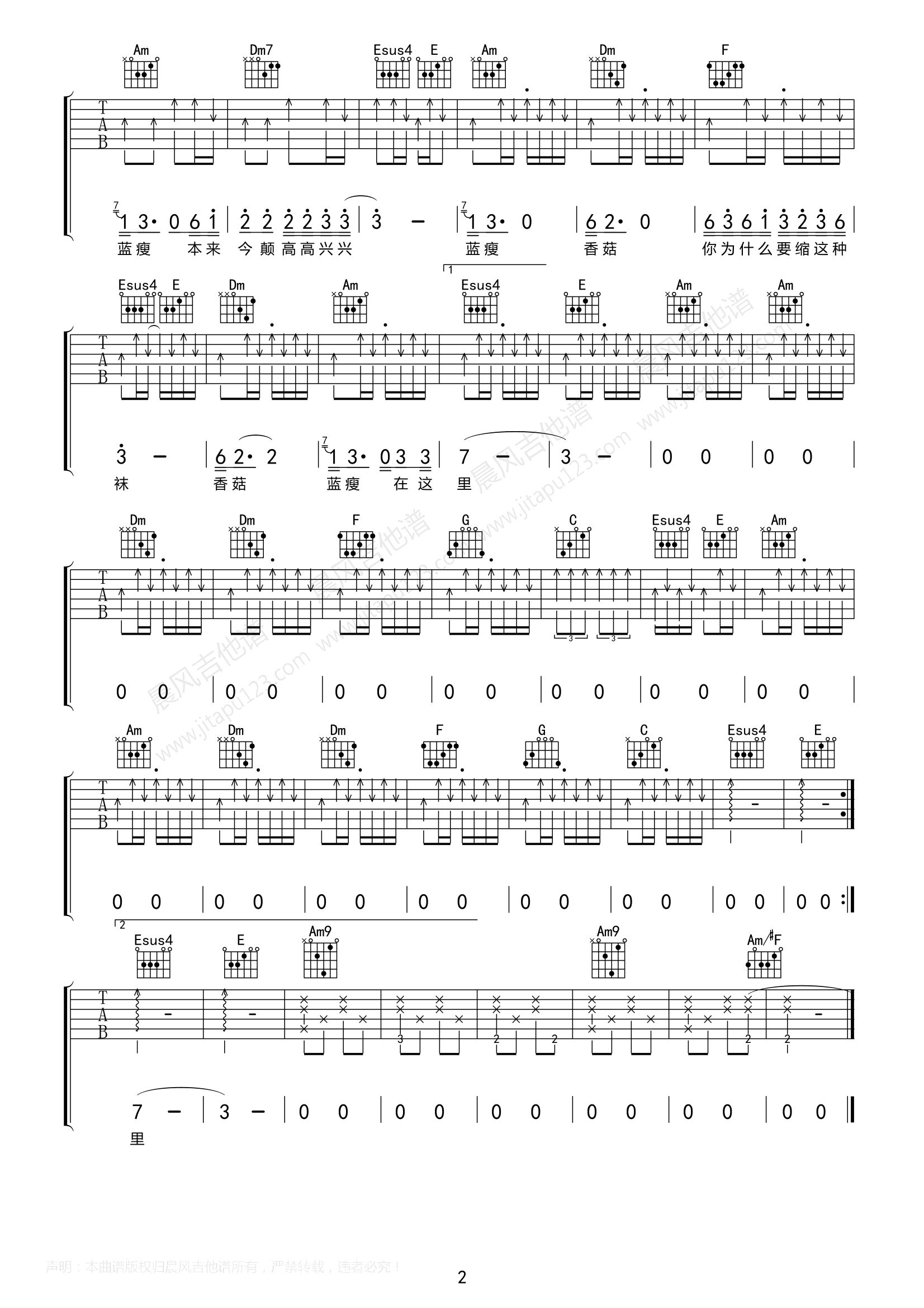 网络歌曲《蓝瘦香菇》吉他谱-Guitar Music Score
