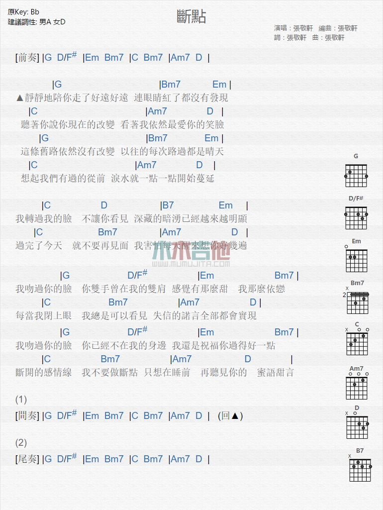 张敬轩《断点》吉他谱-Guitar Music Score