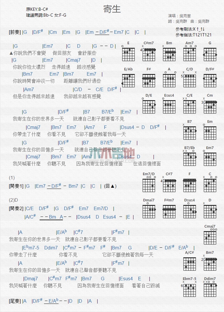 吴克群《寄生》吉他谱-Guitar Music Score