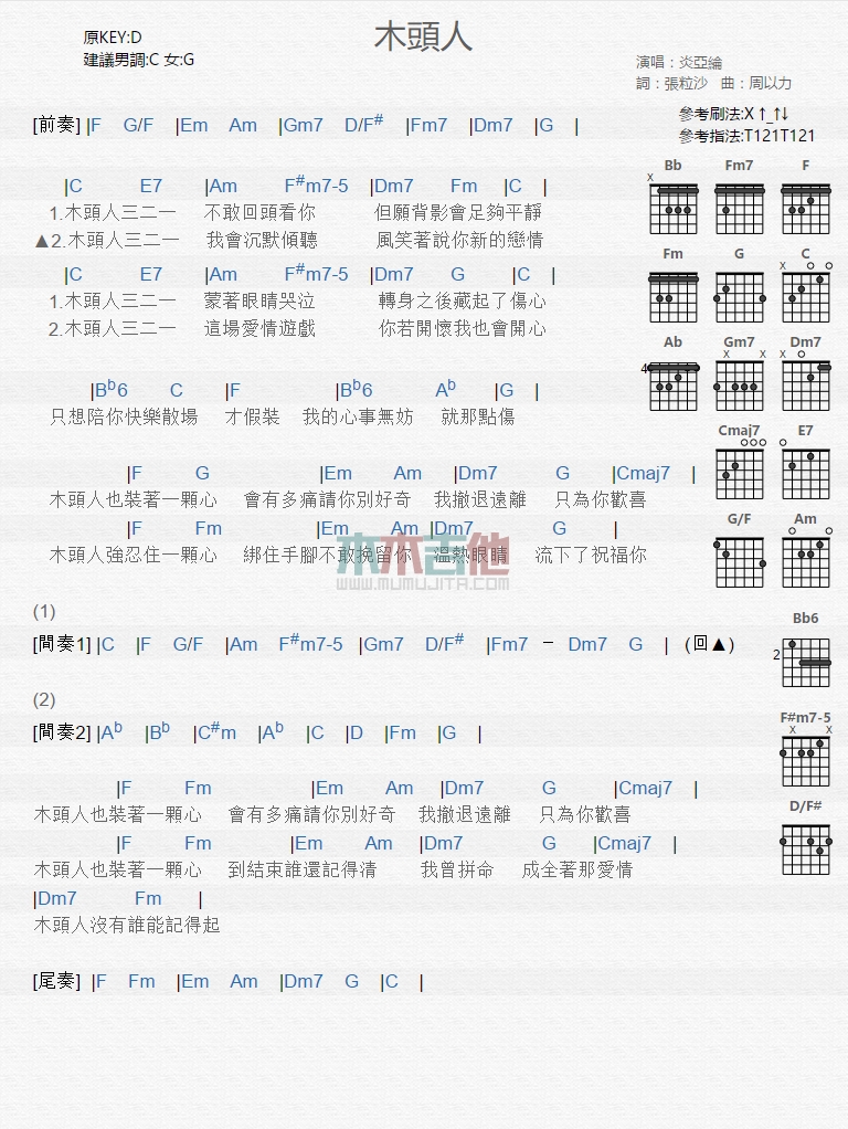 炎亚纶《木头人》吉他谱-Guitar Music Score