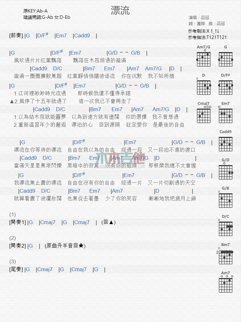 品冠《漂流》吉他谱-Guitar Music Score