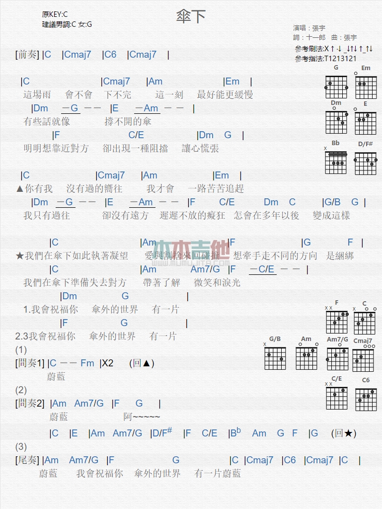 张宇《伞下》吉他谱-Guitar Music Score