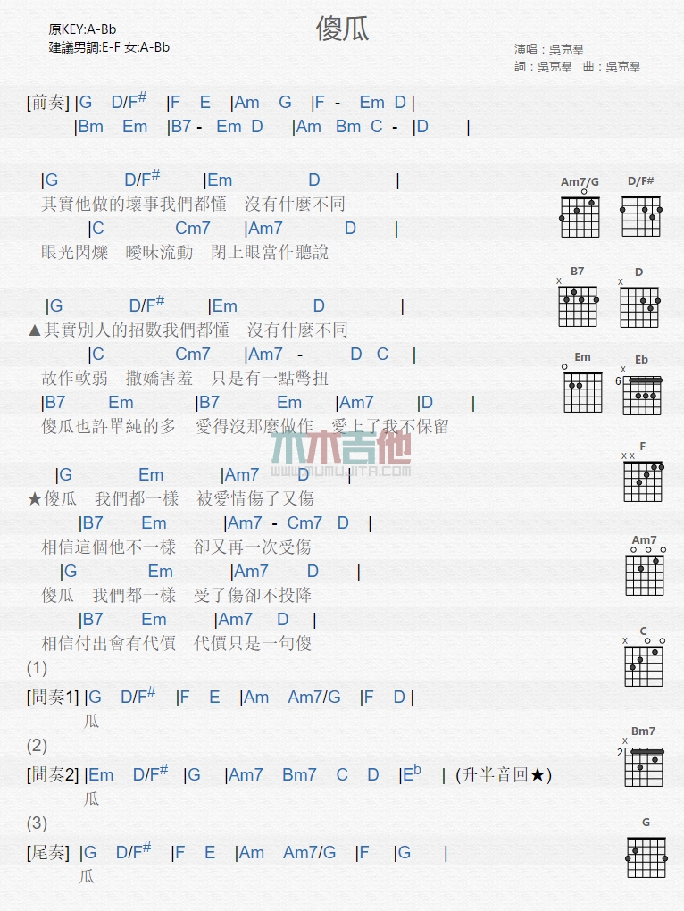 吴克群《傻瓜》吉他谱-Guitar Music Score