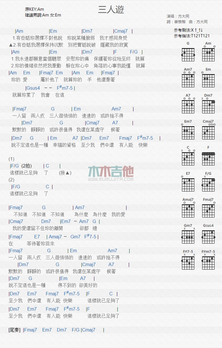 方大同《三人游》吉他谱-Guitar Music Score