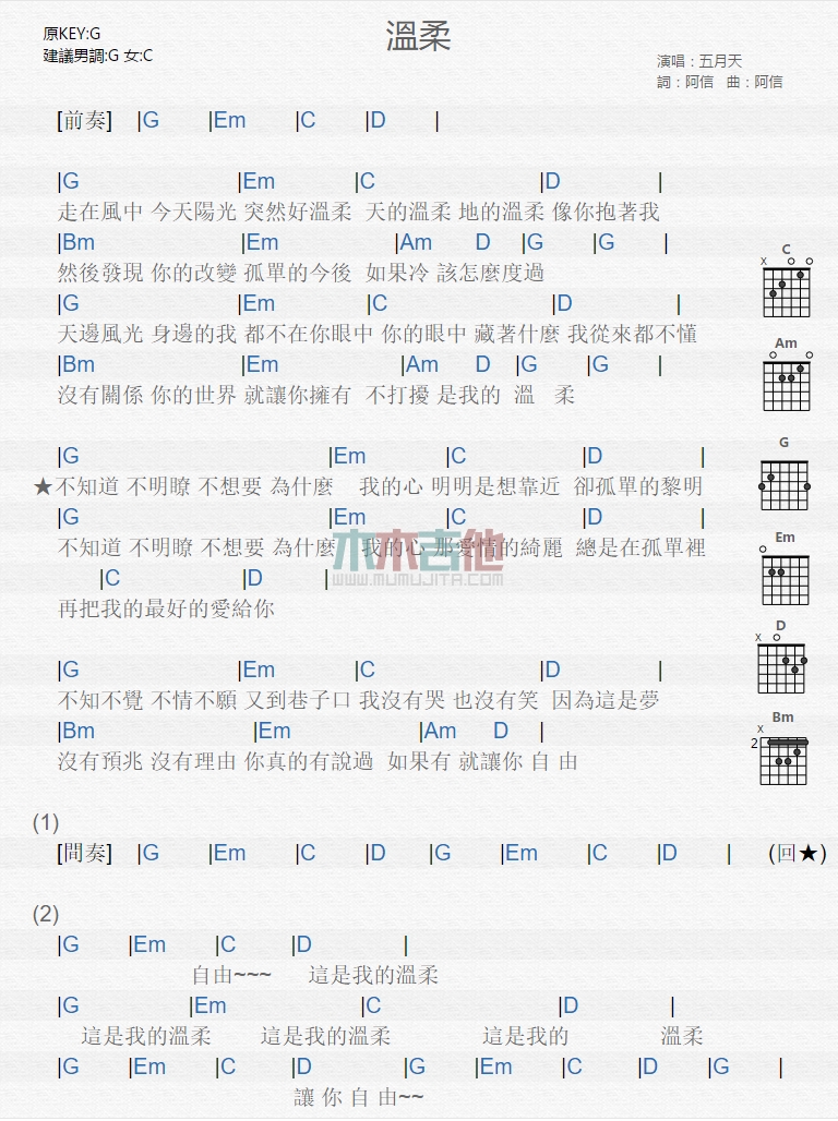 五月天《温柔》吉他谱-Guitar Music Score