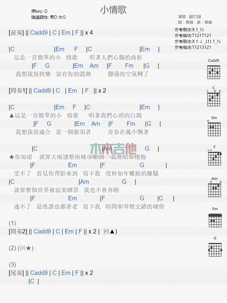 苏打绿《小情歌》吉他谱-Guitar Music Score