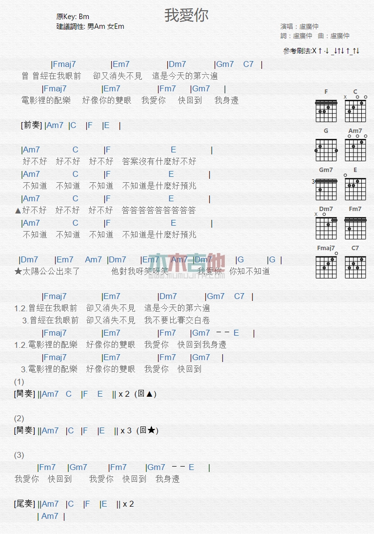 卢广仲《我爱你》吉他谱-Guitar Music Score