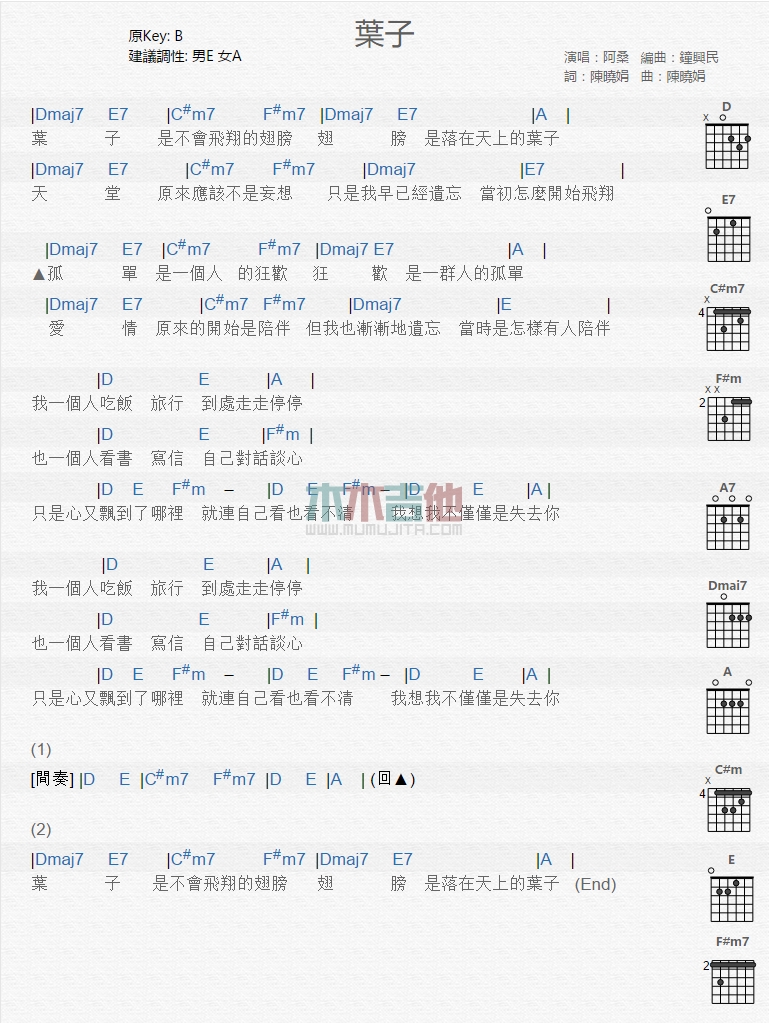 阿桑《叶子》吉他谱-Guitar Music Score