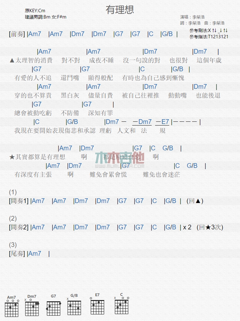 李荣浩《有理想》吉他谱-Guitar Music Score