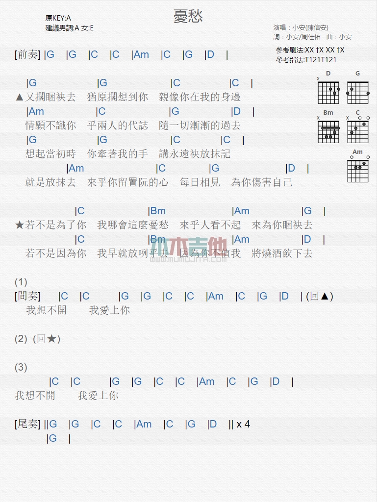 小安《忧愁》吉他谱-Guitar Music Score
