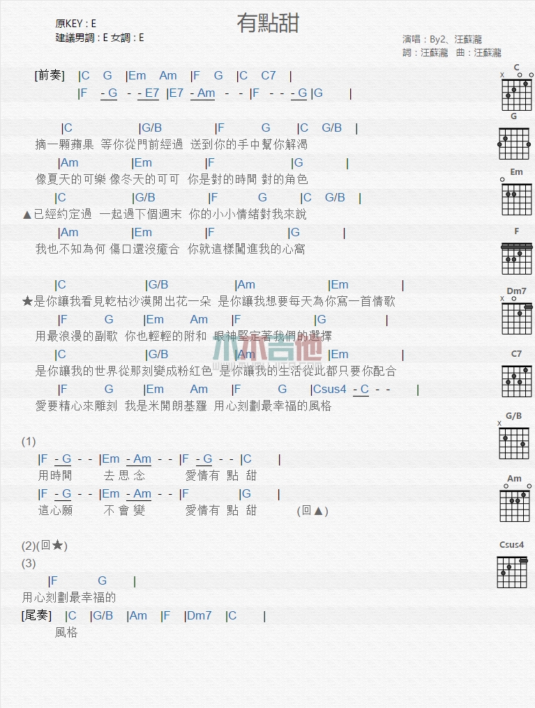 汪苏泷,By2《有点甜》吉他谱-Guitar Music Score