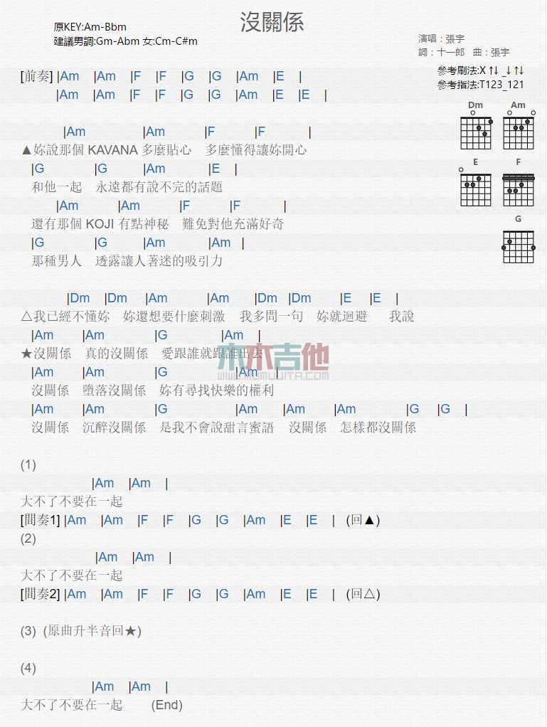 张宇《没关系》吉他谱-Guitar Music Score