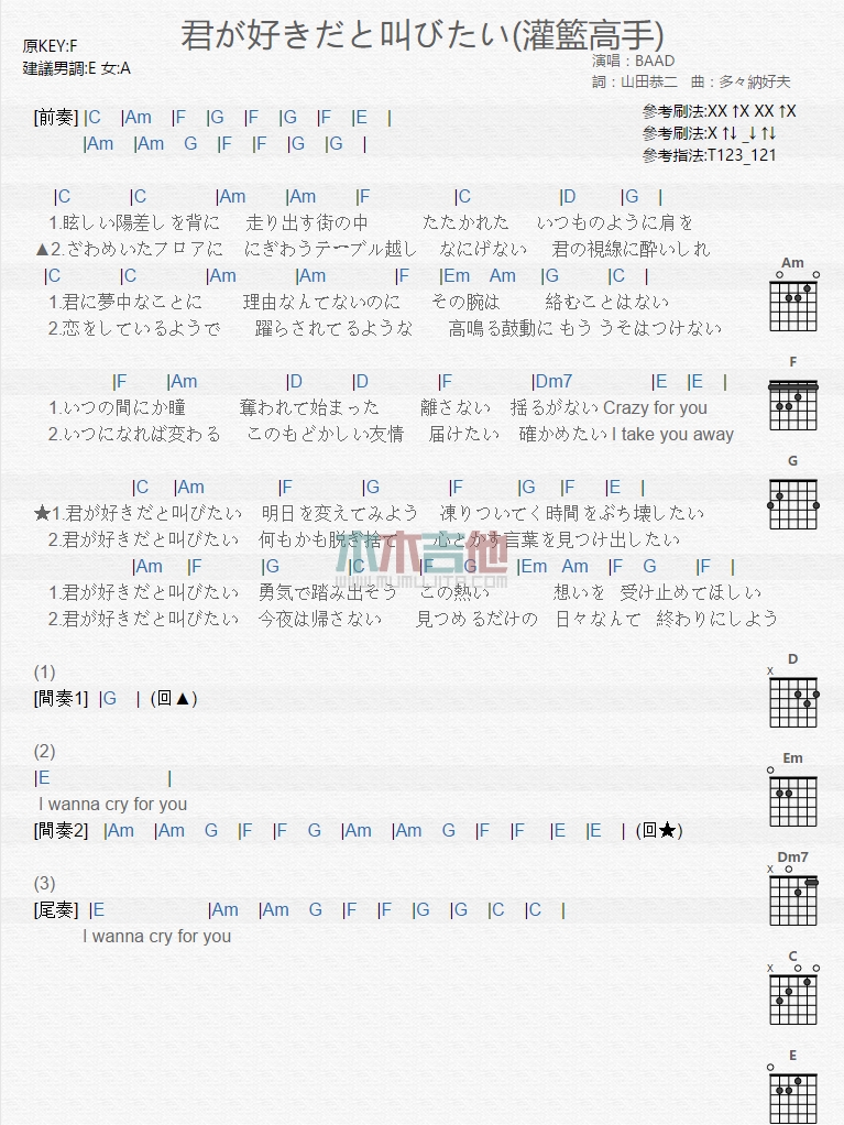 游戏动漫《好想大声说爱你》吉他谱-Guitar Music Score