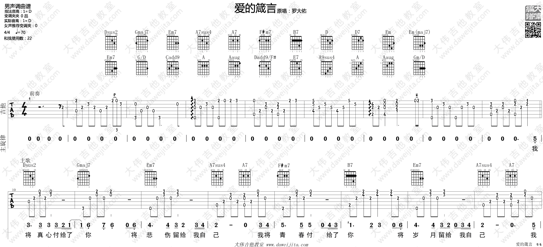 罗大佑《爱的箴言》吉他谱(D调)-Guitar Music Score