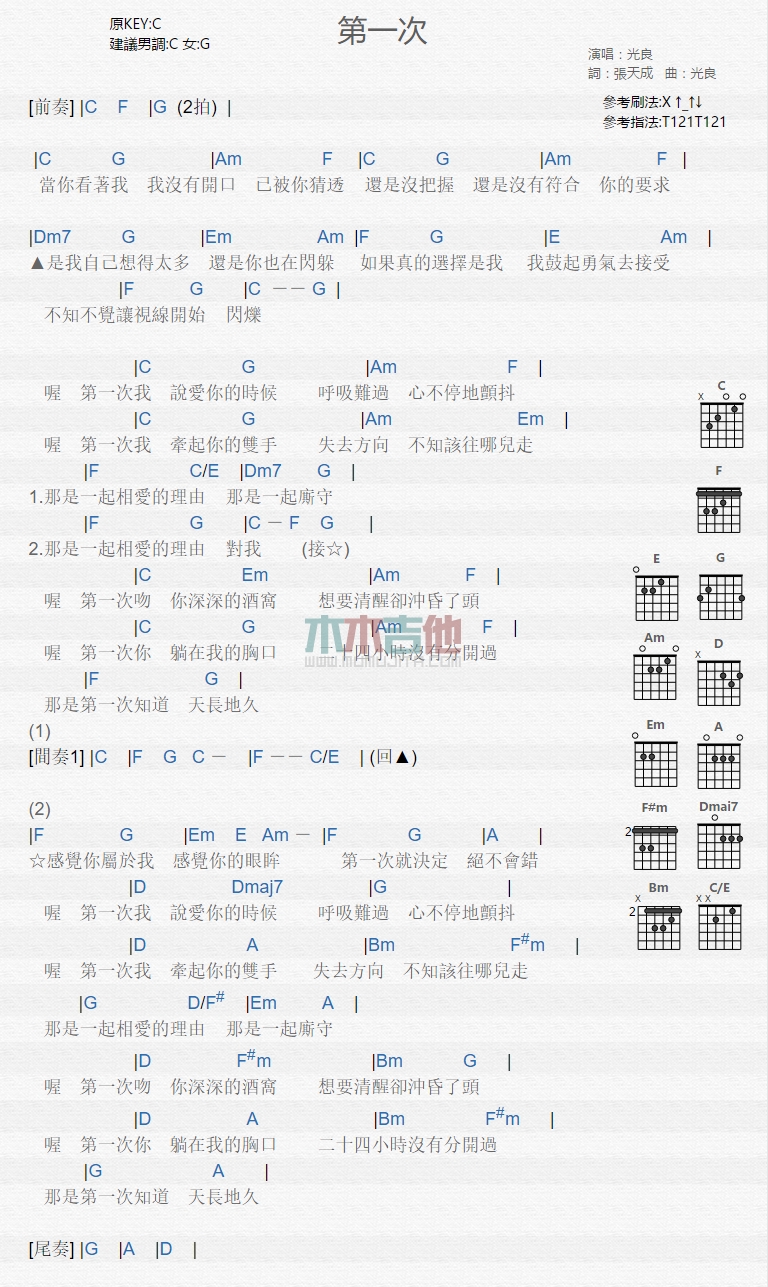 光良《第一次》吉他谱-Guitar Music Score