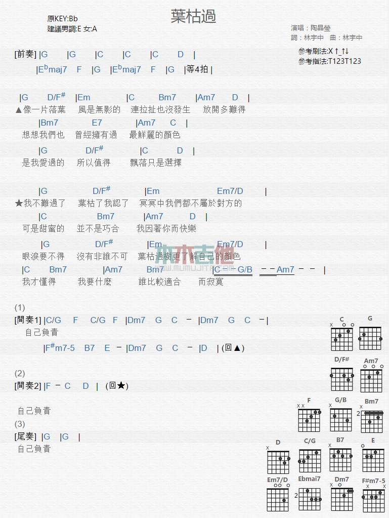 陶晶莹《叶枯过》吉他谱-Guitar Music Score