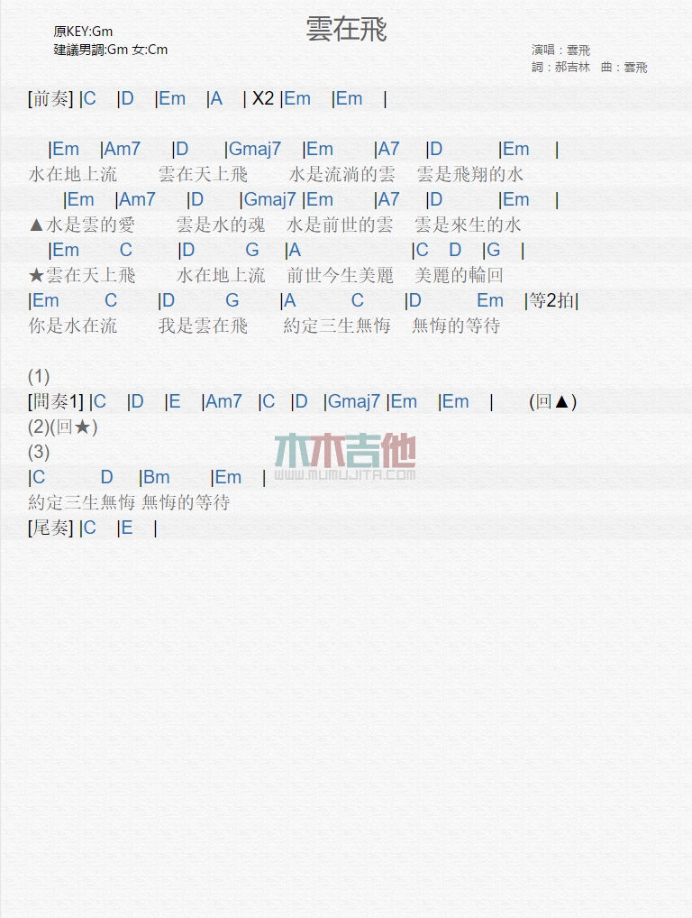 云飞《云在飞》吉他谱-Guitar Music Score