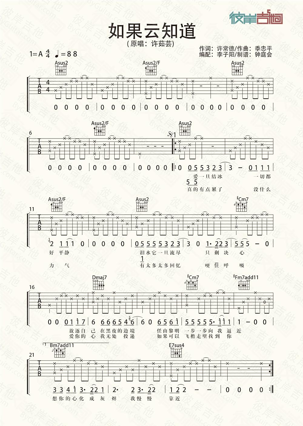 许茹芸《如果云知道》吉他谱(A调)-Guitar Music Score