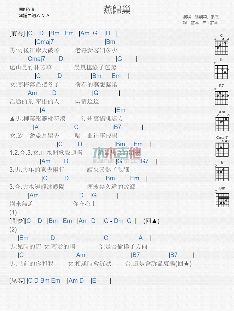 张杰,张靓颖《燕归巢》吉他谱-Guitar Music Score