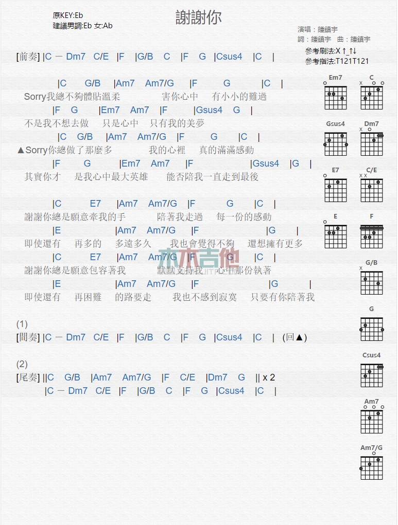 钟镇宇《谢谢你》吉他谱-Guitar Music Score