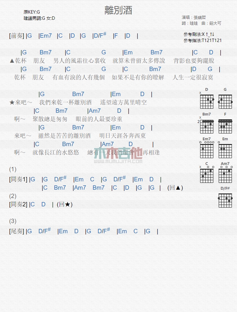 张镐哲《离别酒》吉他谱-Guitar Music Score