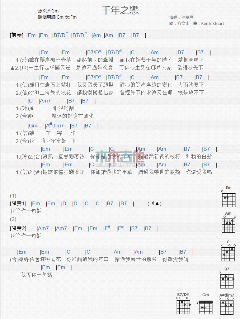 信乐团《千年之恋》吉他谱-Guitar Music Score