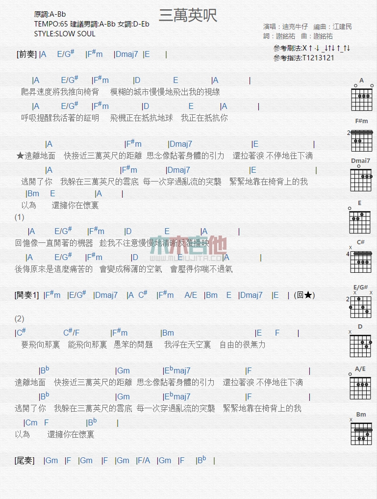 迪克牛仔《三万英尺》吉他谱-Guitar Music Score