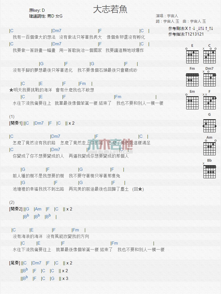 宇宙人《大志若鱼》吉他谱-Guitar Music Score