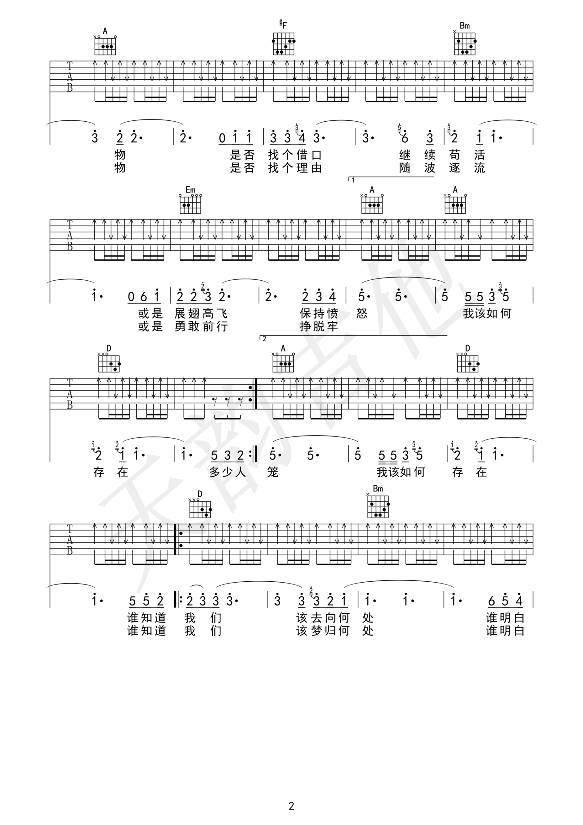 汪峰《存在》吉他谱-Guitar Music Score