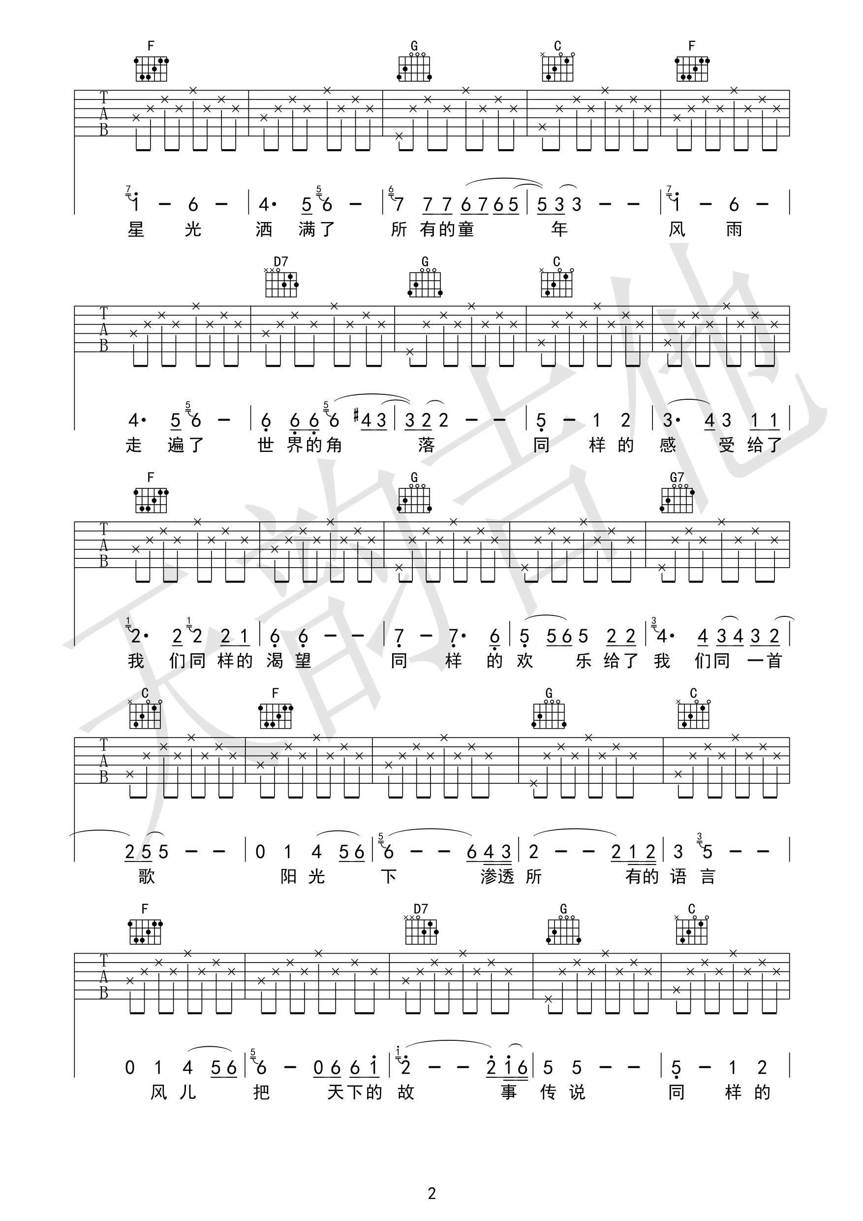 毛阿敏《同一首歌》吉他谱-Guitar Music Score