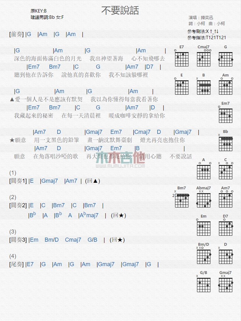 陈奕迅《不要说话》吉他谱-Guitar Music Score