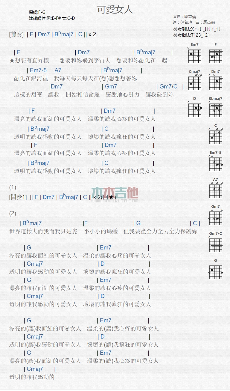 周杰伦《可爱女人》吉他谱-guitar music score gtp吉他谱