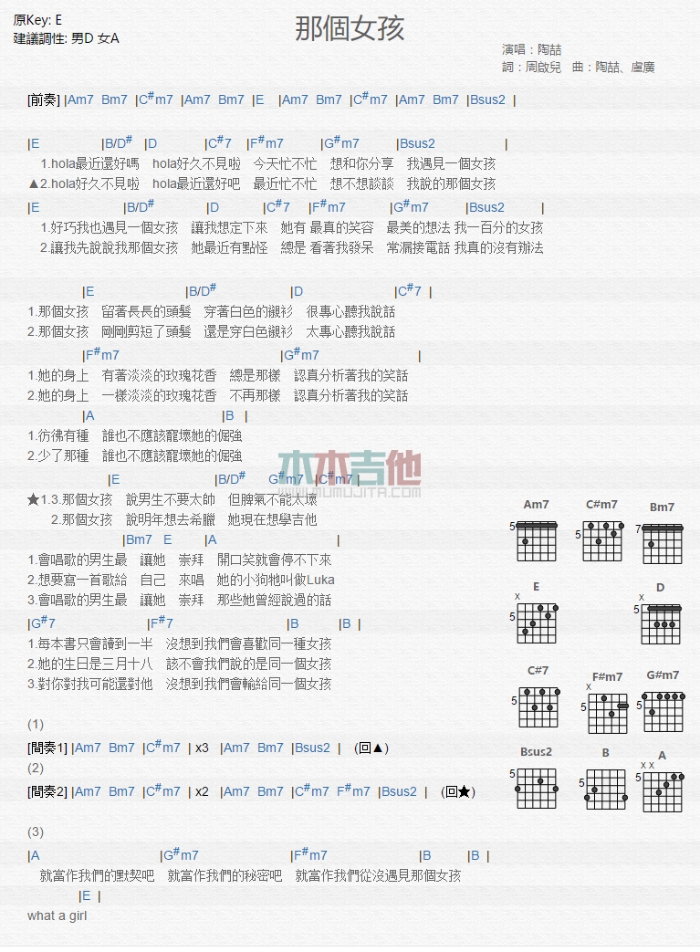 陶喆,卢广仲《那个女孩》吉他谱-Guitar Music Score