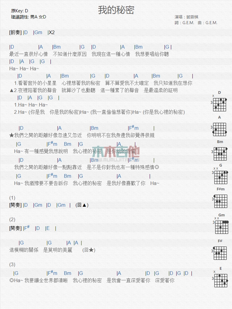 邓紫棋《我的秘密》吉他谱-Guitar Music Score