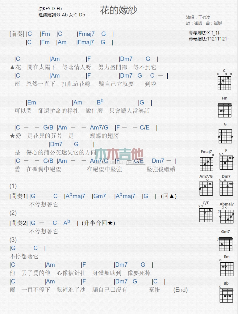 王心凌《花的嫁纱》吉他谱-Guitar Music Score