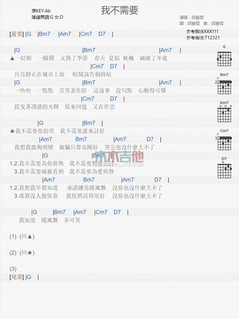 邱振哲《我不需要》吉他谱-Guitar Music Score