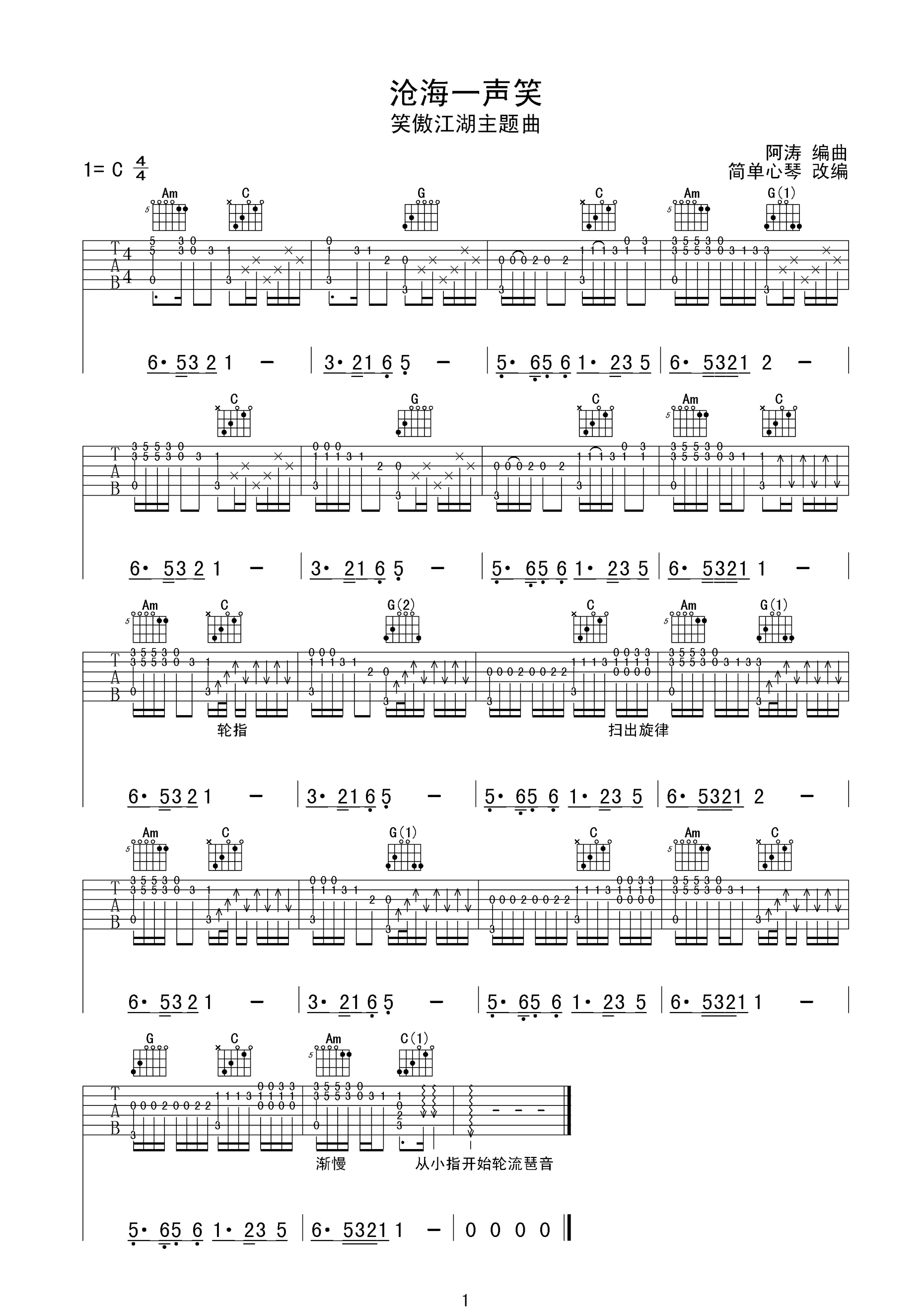 许冠杰《沧海一声笑 指弹 》吉他谱-Guitar Music Score