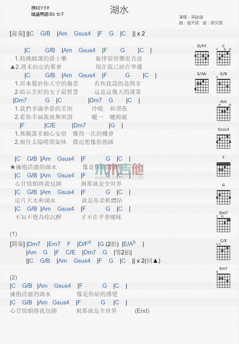 梁咏琪《湖水》吉他谱-Guitar Music Score