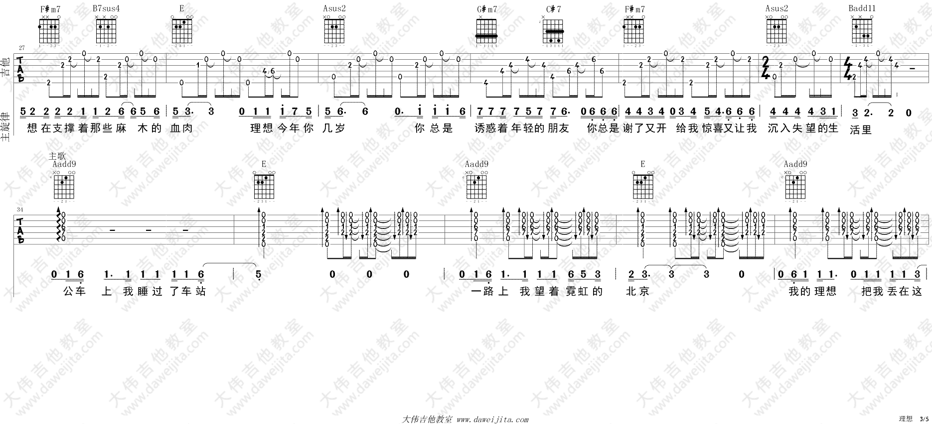 赵雷《理想》吉他谱(E调)-Guitar Music Score