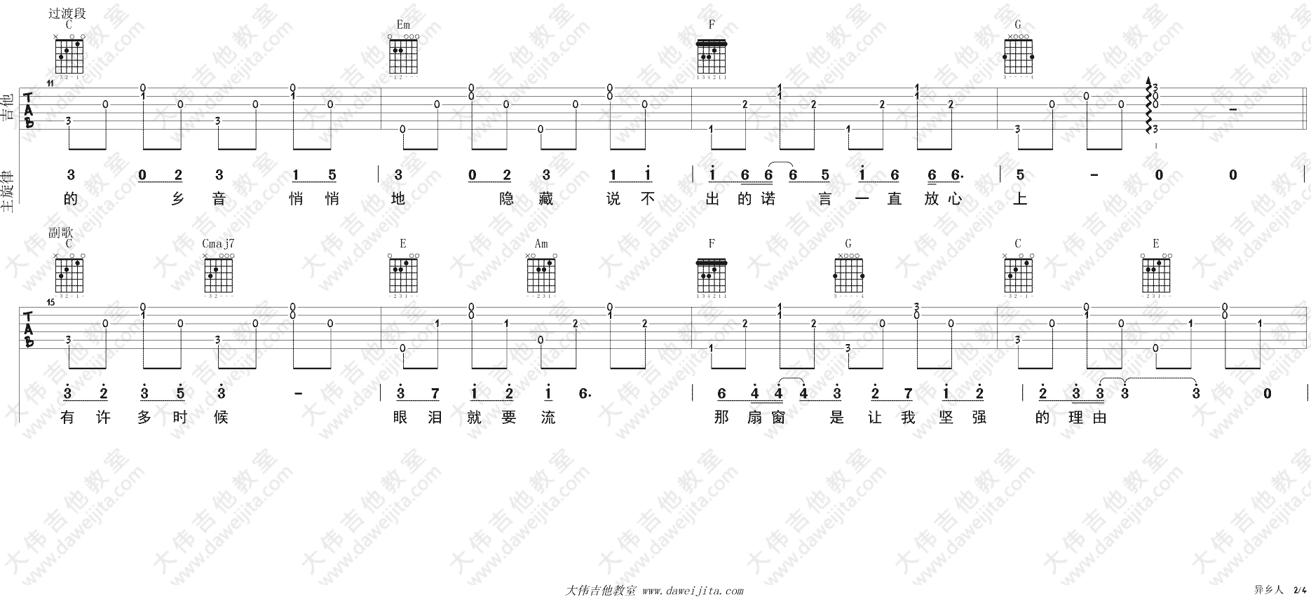 李健《异乡人》吉他谱(C调)-Guitar Music Score