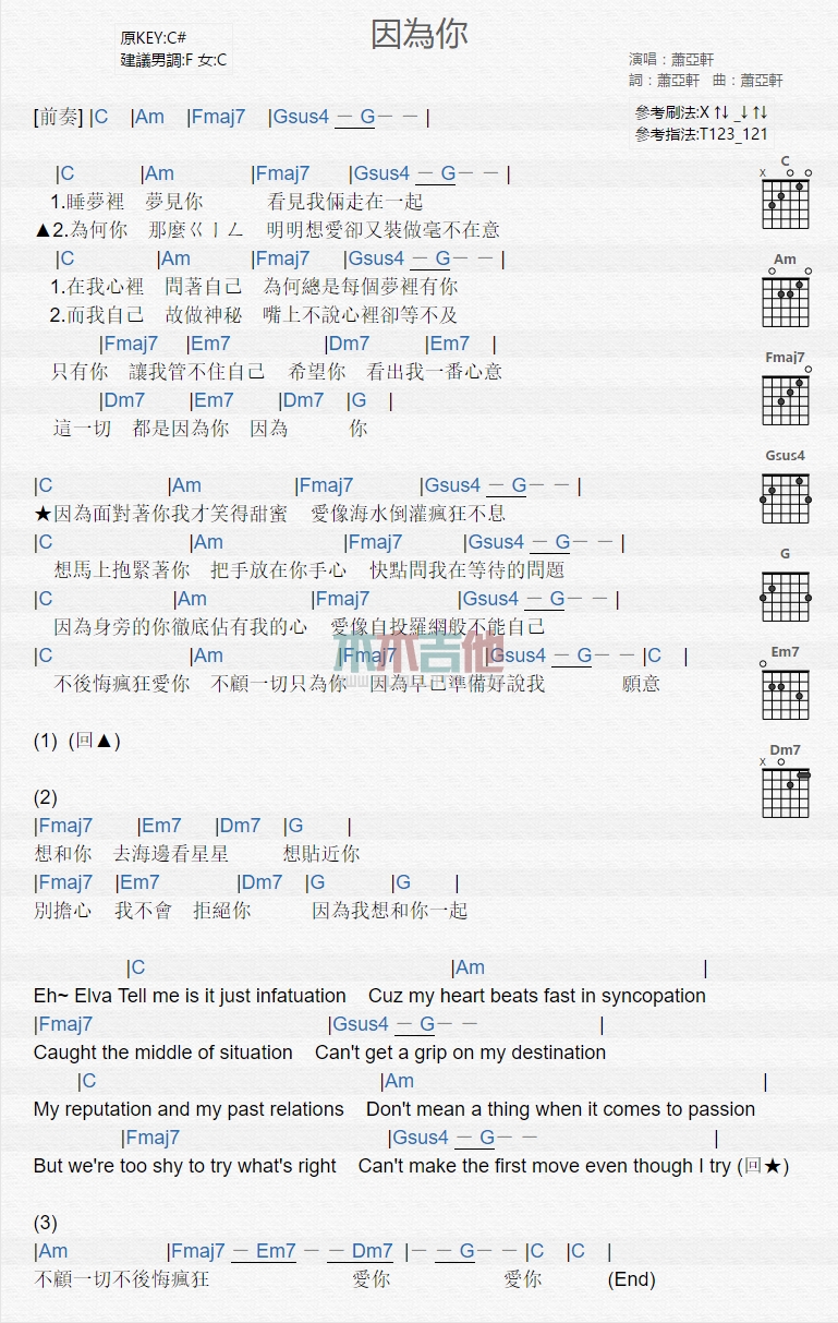 萧亚轩《因为你》吉他谱-Guitar Music Score