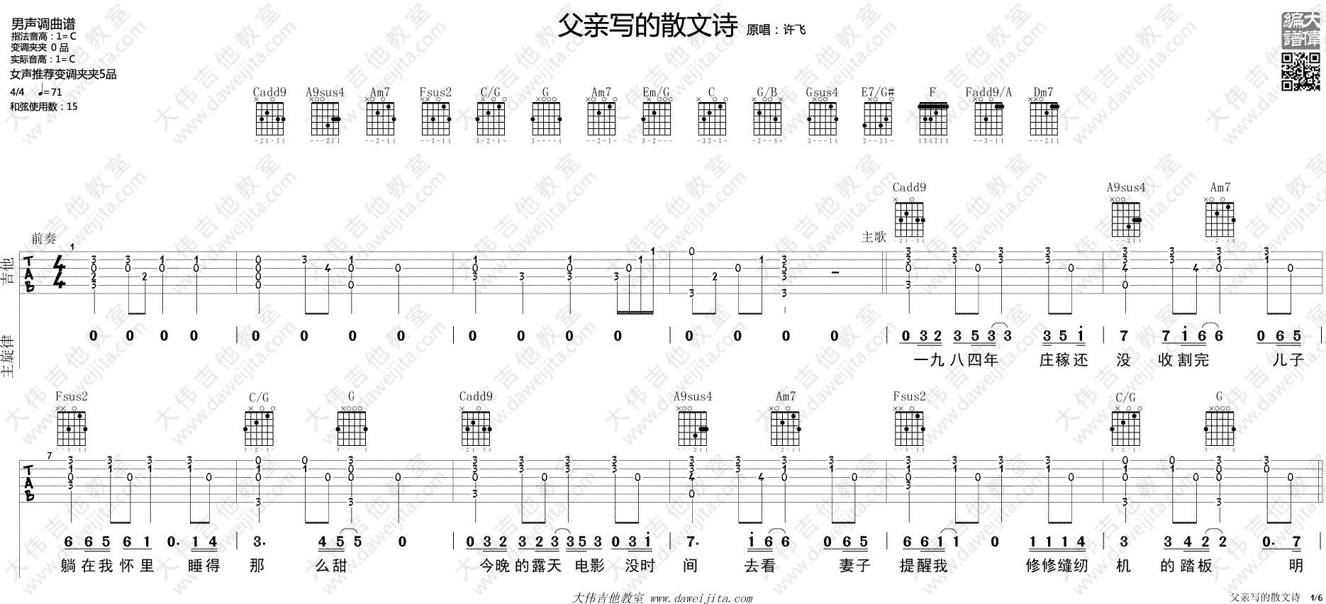 许飞《父亲写的散文诗》吉他谱(C调)-Guitar Music Score