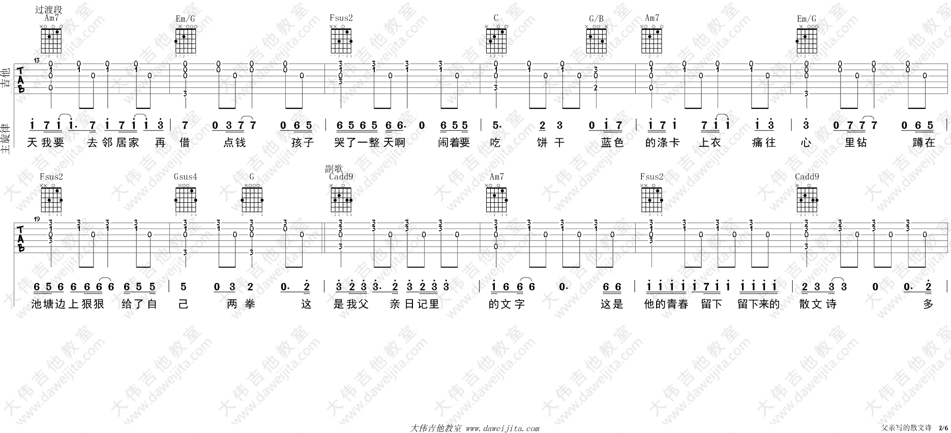 许飞《父亲写的散文诗》吉他谱(C调)-Guitar Music Score