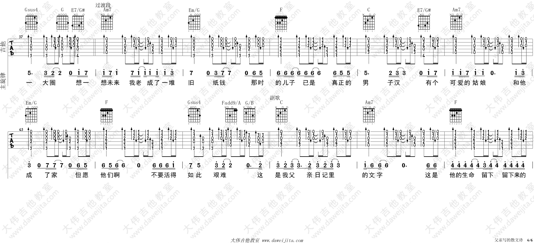 许飞《父亲写的散文诗》吉他谱(C调)-Guitar Music Score