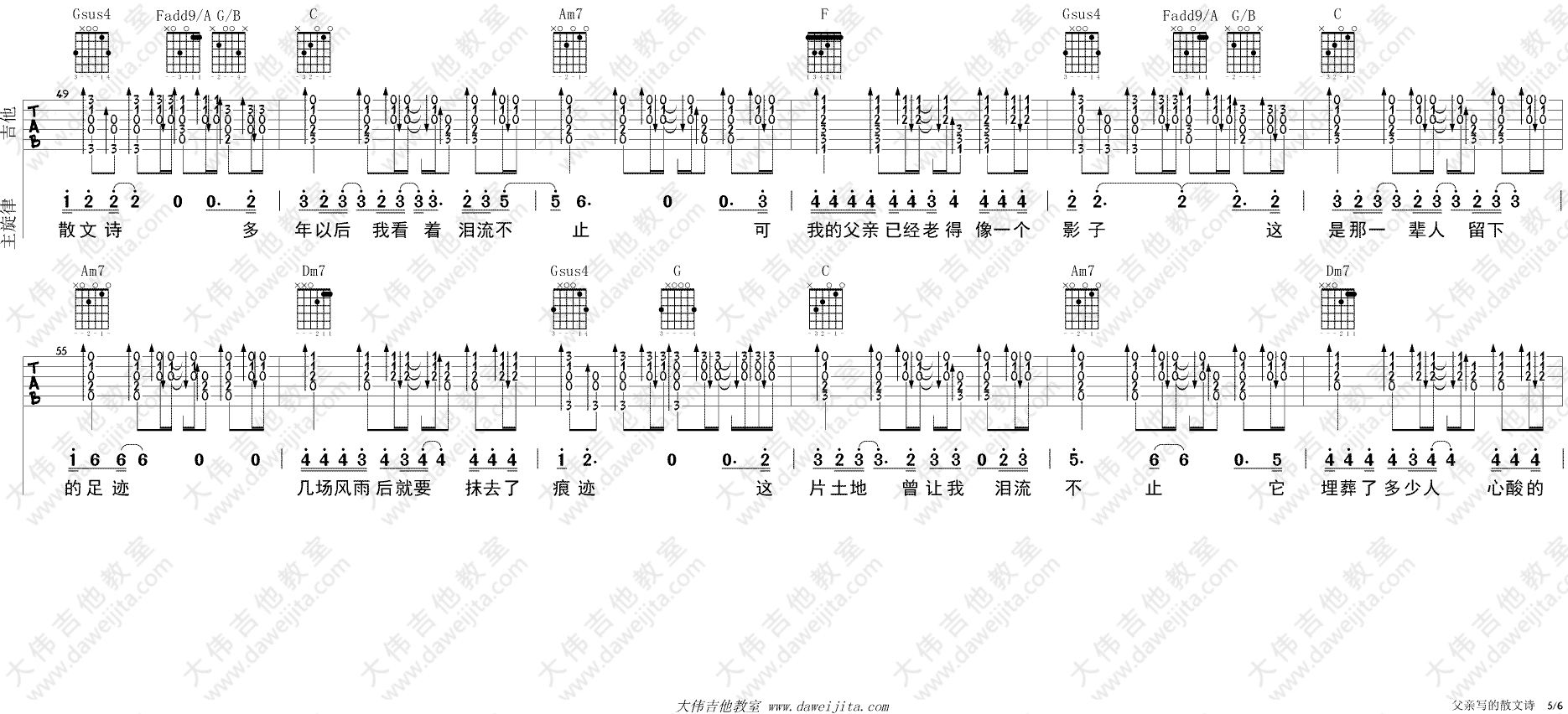 许飞《父亲写的散文诗》吉他谱(C调)-Guitar Music Score